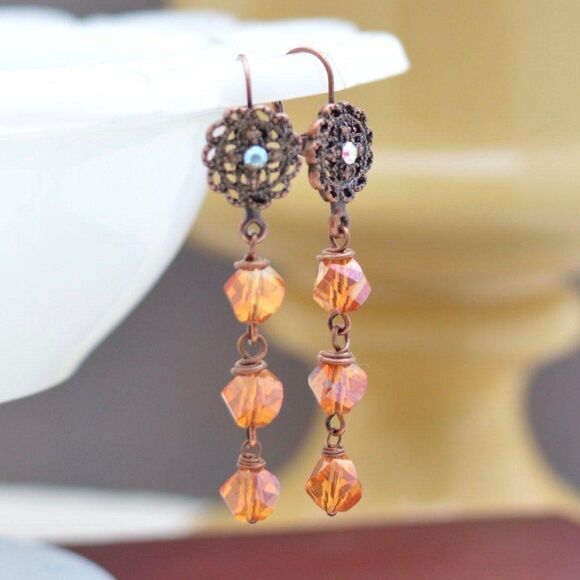 Antiqued Copper Filigree and Crystal Triple Tiered - Picture 1 of 1